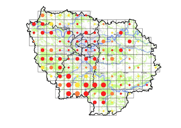 Carte de nidification du Mésange huppée Lophophanes cristatus en Île-de-France (issue de l’Atlas des oiseaux nicheurs d’Ile-de-France, 2009-2014). En rouge les nicheurs certains, en orange les nicheurs probables et en jaune les nicheurs possibles. Les cercles concentriques donnent une idée des effectifs nicheurs par maille du quadrillage : de 1 à 10 couples pour les petits cercles, de 11 à 100 pour les plus grands cercles, des losanges lorsqu’il n’y a pas eu de dénombrement